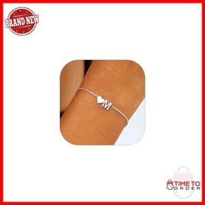 Sterling Silver Initial Heart Bracelet Dainty Hypoallergenic Personalized Charm